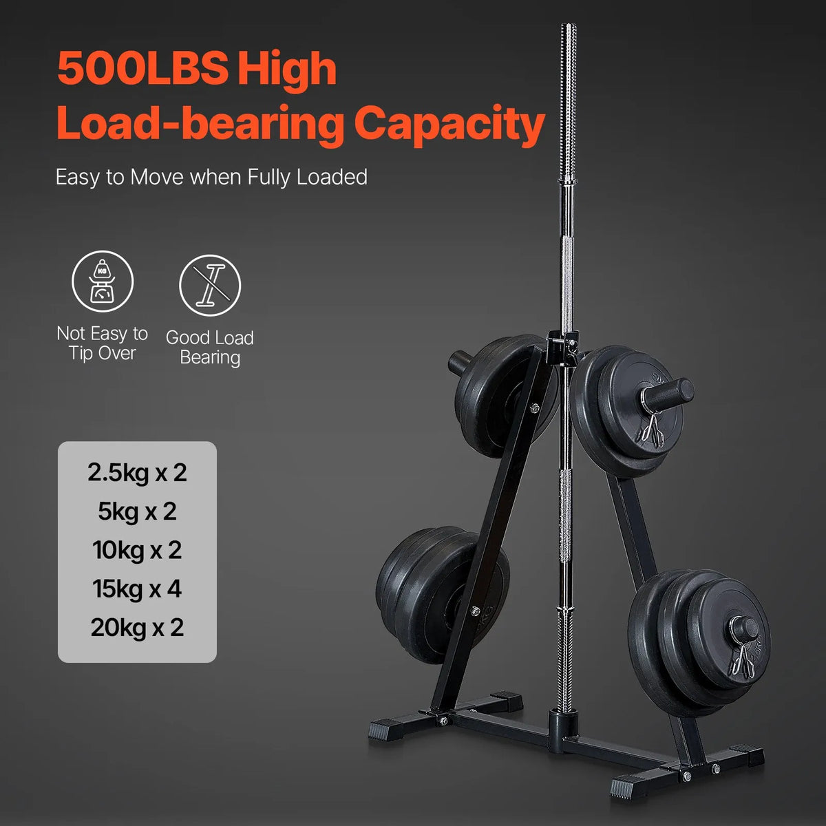 VEVOR svaru disku statīvs ar 50 mm turētājiem, līdz 136 kg, kompakts