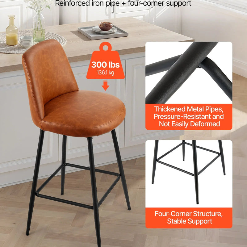 VEVOR bāra krēslu komplekts (2 gab.), 69 cm augsti grozāmi krēsli ar atzveltni, moderns dizains ar PU ādas apdari un metāla kājām, krēsli bez roku balstiem, piemēroti virtuves vai ēdamistabas bāra letei, brūni