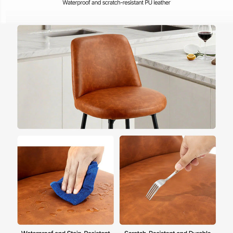 VEVOR bāra krēslu komplekts (2 gab.), 69 cm augsti grozāmi krēsli ar atzveltni, moderns dizains ar PU ādas apdari un metāla kājām, krēsli bez roku balstiem, piemēroti virtuves vai ēdamistabas bāra letei, brūni