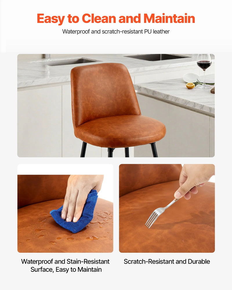 VEVOR bāra krēslu komplekts (2 gab.), 69 cm augsti grozāmi krēsli ar atzveltni, moderns dizains ar PU ādas apdari un metāla kājām, krēsli bez roku balstiem, piemēroti virtuves vai ēdamistabas bāra letei, brūni