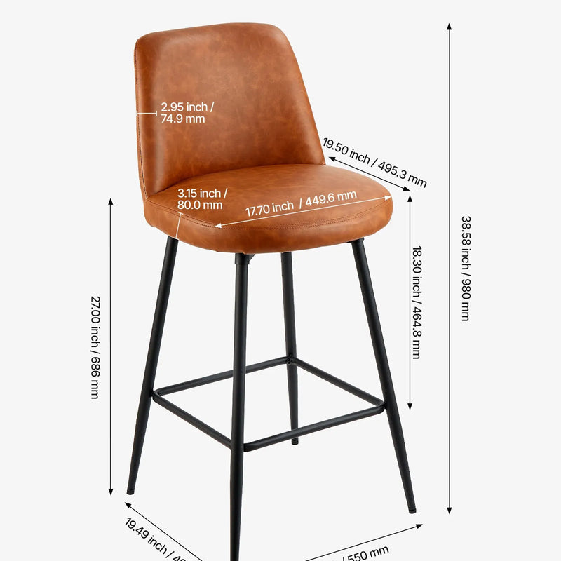 VEVOR bāra krēslu komplekts (2 gab.), 69 cm augsti grozāmi krēsli ar atzveltni, moderns dizains ar PU ādas apdari un metāla kājām, krēsli bez roku balstiem, piemēroti virtuves vai ēdamistabas bāra letei, brūni