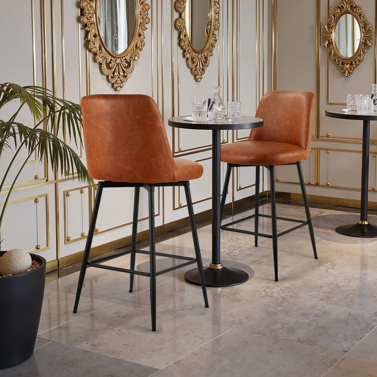 VEVOR Bar Stool Set (2 pcs), 69 cm Height Swivel Chairs with Backrest, Modern Design with PU Leather Upholstery and Metal Legs, Armless Stools, Suitable for Kitchen or Dining Bar Counter, Brown