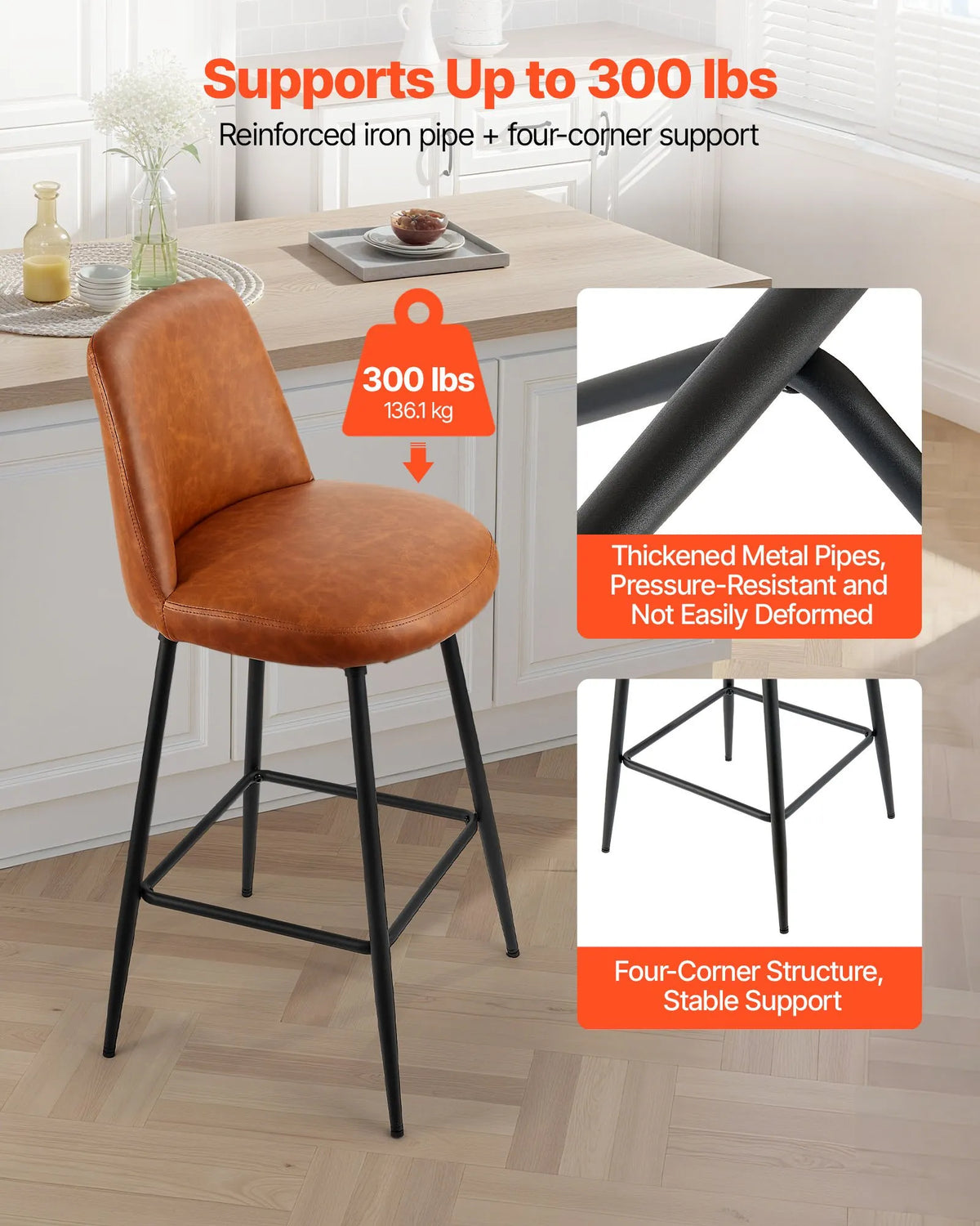 VEVOR Bar Stool Set (3 pcs), 69 cm High Swivel Chairs with Backrest, Modern Design with PU Leather Upholstery and Metal Legs, Armless Chairs, Suitable for Kitchen Island, Bar Counter or Dining Room, Brown