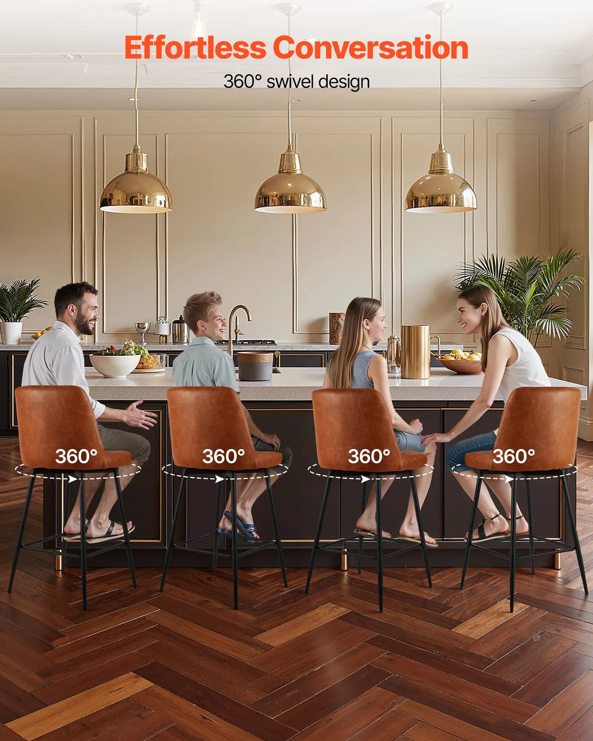 VEVOR Bar Stool Set (3 pcs), 69 cm High Swivel Chairs with Backrest, Modern Design with PU Leather Upholstery and Metal Legs, Armless Chairs, Suitable for Kitchen Island, Bar Counter or Dining Room, Brown