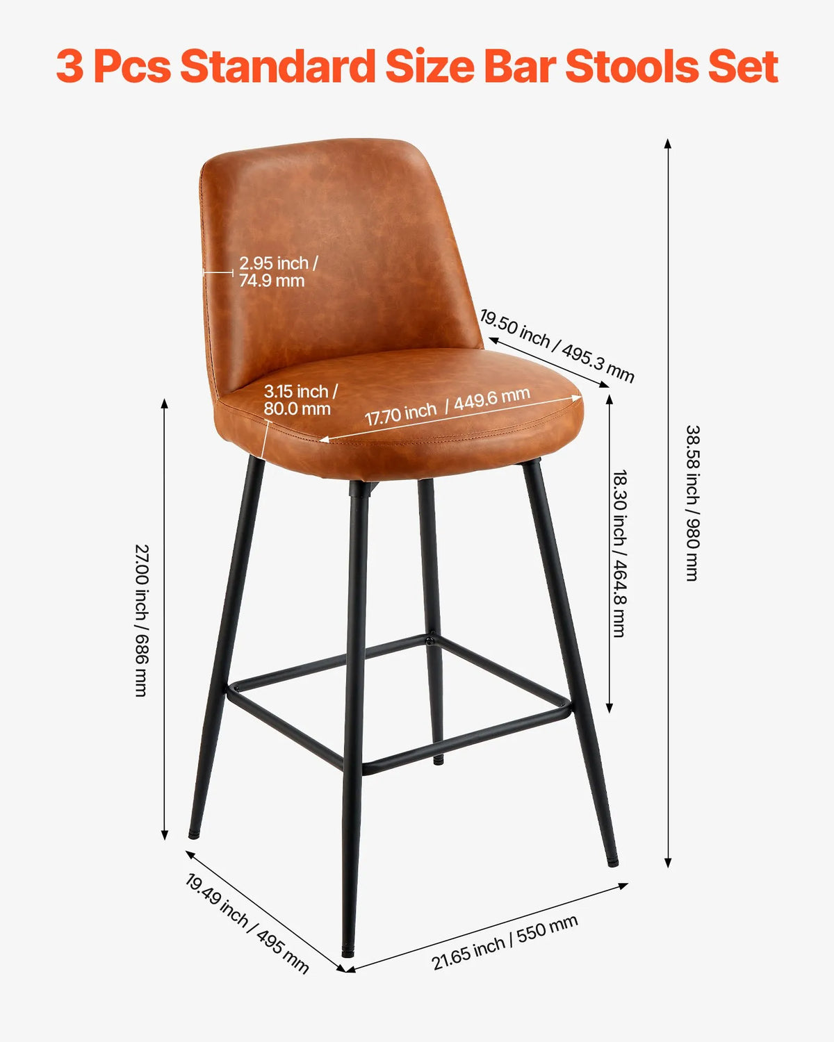 VEVOR Bar Stool Set (3 pcs), 69 cm High Swivel Chairs with Backrest, Modern Design with PU Leather Upholstery and Metal Legs, Armless Chairs, Suitable for Kitchen Island, Bar Counter or Dining Room, Brown