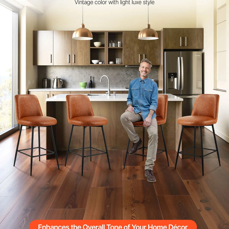 VEVOR bāra krēslu komplekts (3 gab.), 69 cm augsti grozāmi krēsli ar atzveltni, moderns dizains ar PU ādas apdari un metāla kājām, krēsli bez roku balstiem, piemēroti virtuves salai, bāra letei vai ēdamistabai, brūni