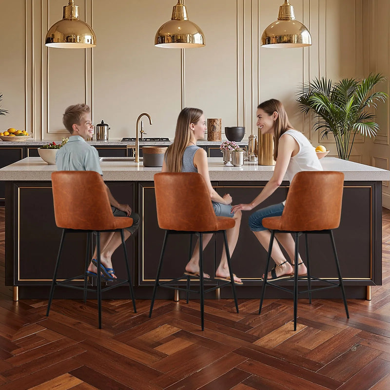 VEVOR bāra krēslu komplekts (3 gab.), 69 cm augsti grozāmi krēsli ar atzveltni, moderns dizains ar PU ādas apdari un metāla kājām, krēsli bez roku balstiem, piemēroti virtuves salai, bāra letei vai ēdamistabai, brūni