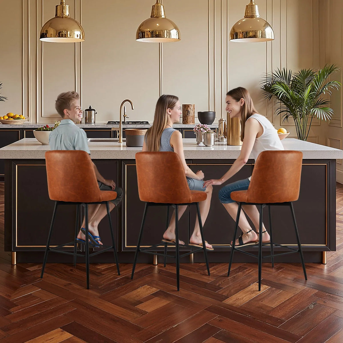 VEVOR Bar Stool Set (3 pcs), 69 cm High Swivel Chairs with Backrest, Modern Design with PU Leather Upholstery and Metal Legs, Armless Chairs, Suitable for Kitchen Island, Bar Counter or Dining Room, Brown