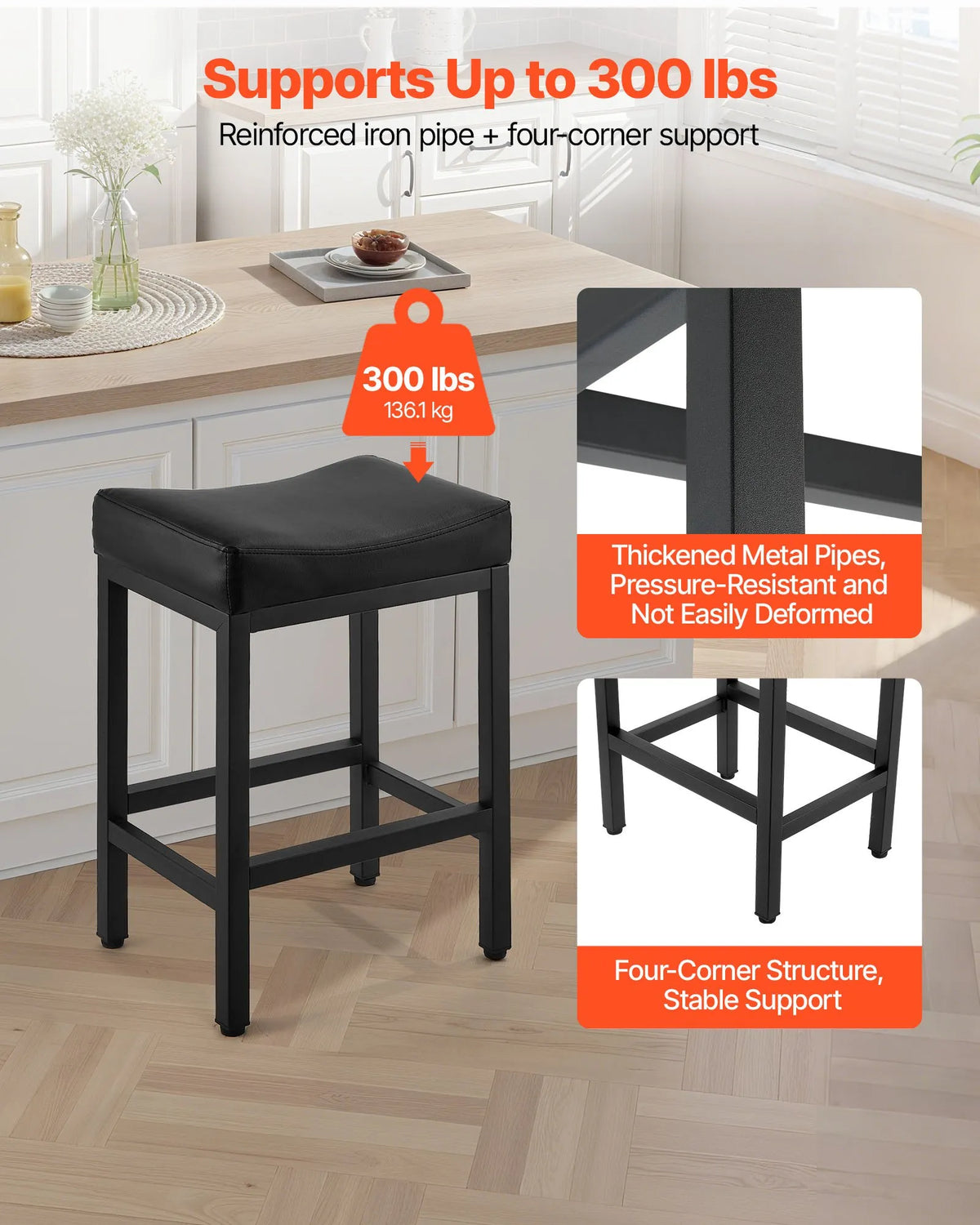 VEVOR 2 pcs Bar Stools with PU Leather Upholstery, 62 cm High, Backless, Wedge Seat and Metal Legs, Easy to Fold — Suitable for Kitchen, Dining Room and Café, Black