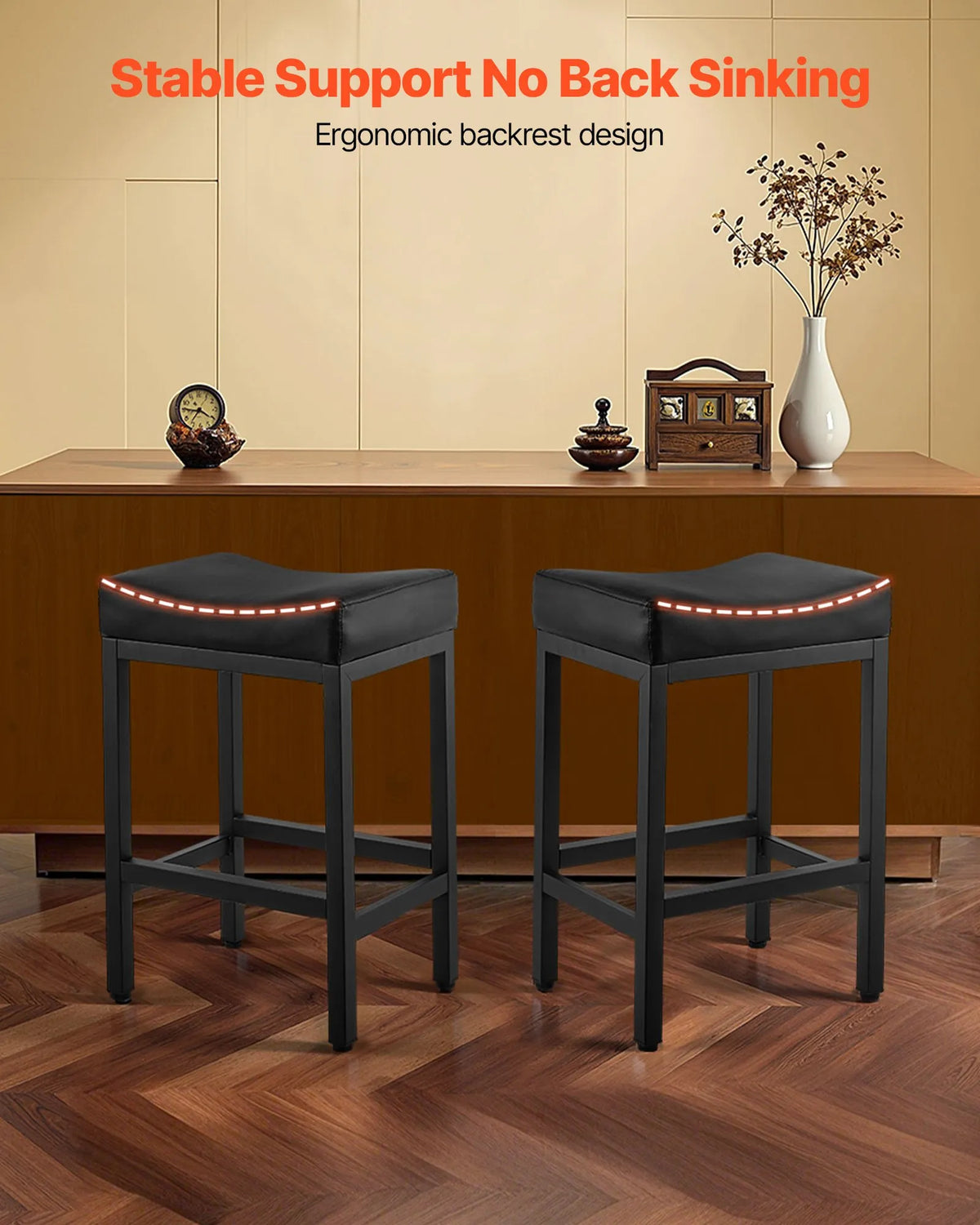 VEVOR 2 pcs Bar Stools with PU Leather Upholstery, 62 cm High, Backless, Wedge Seat and Metal Legs, Easy to Fold — Suitable for Kitchen, Dining Room and Café, Black