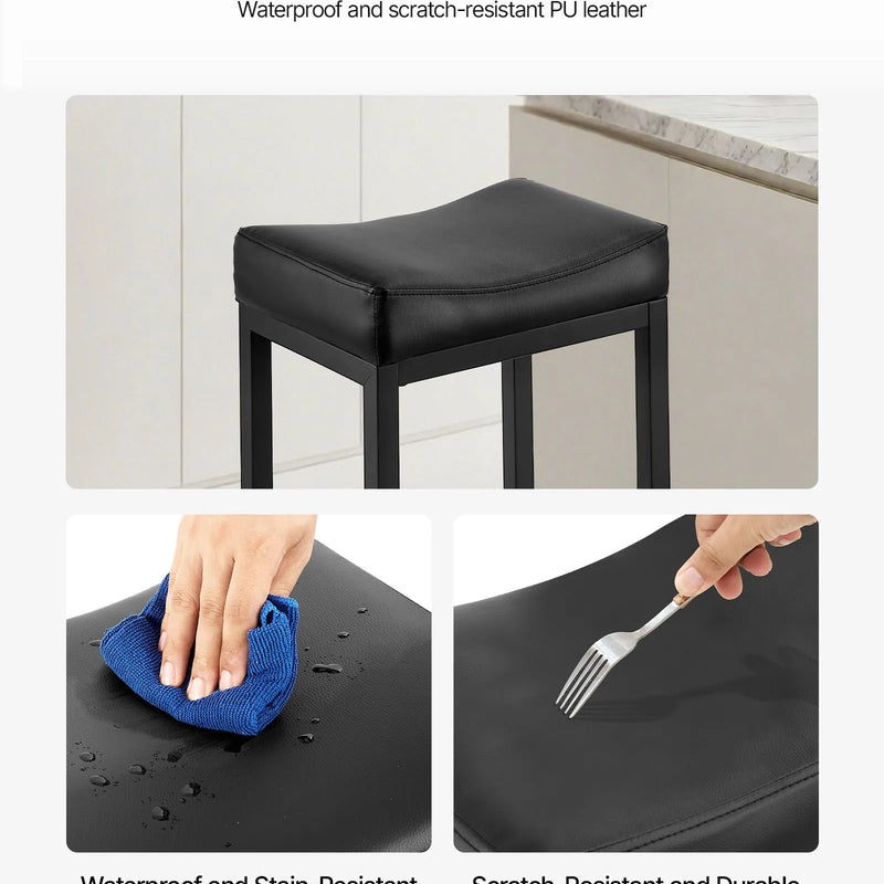 VEVOR 2 gab. bāra krēsli ar PU ādas apdari, 62 cm augsti, bez atzveltnes, ar seglveida sēdvietu un metāla kājām, viegli saliekami — piemēroti virtuvei, ēdamistabai un kafejnīcai, melni