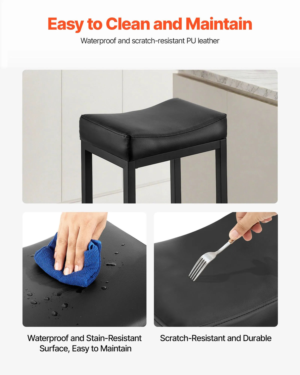 VEVOR 2 pcs Bar Stools with PU Leather Upholstery, 62 cm High, Backless, Wedge Seat and Metal Legs, Easy to Fold — Suitable for Kitchen, Dining Room and Café, Black