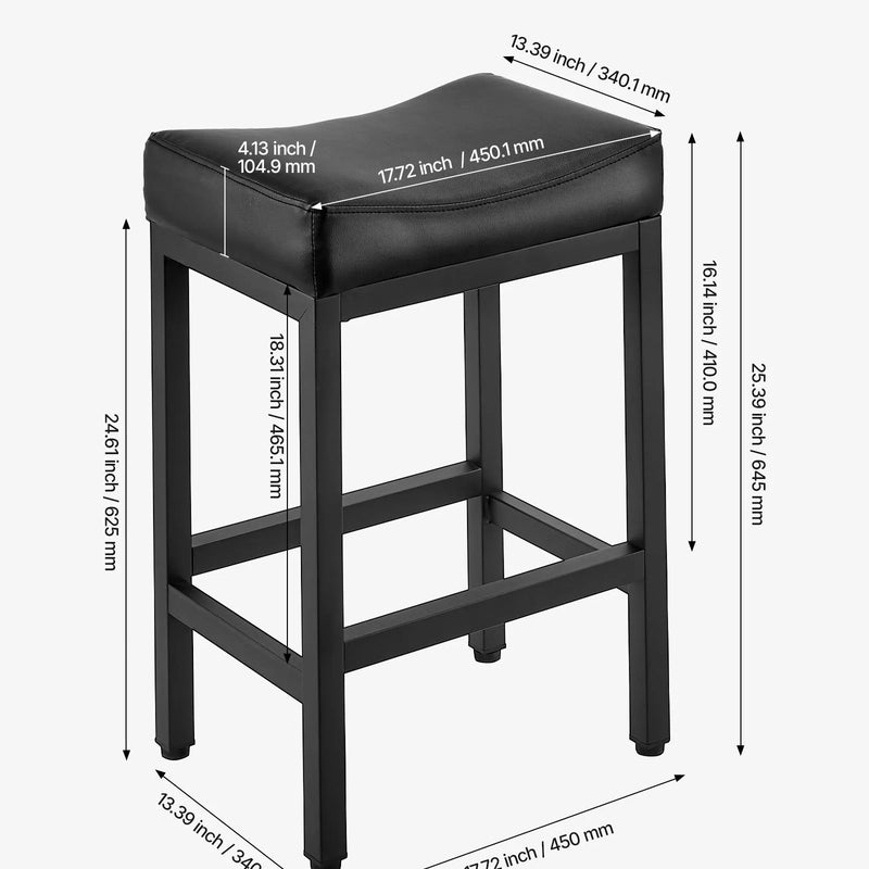 VEVOR 2 gab. bāra krēsli ar PU ādas apdari, 62 cm augsti, bez atzveltnes, ar seglveida sēdvietu un metāla kājām, viegli saliekami — piemēroti virtuvei, ēdamistabai un kafejnīcai, melni