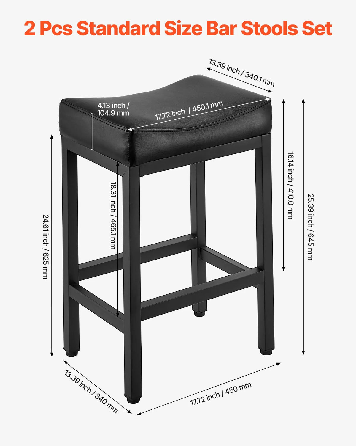VEVOR 2 pcs Bar Stools with PU Leather Upholstery, 62 cm High, Backless, Wedge Seat and Metal Legs, Easy to Fold — Suitable for Kitchen, Dining Room and Café, Black