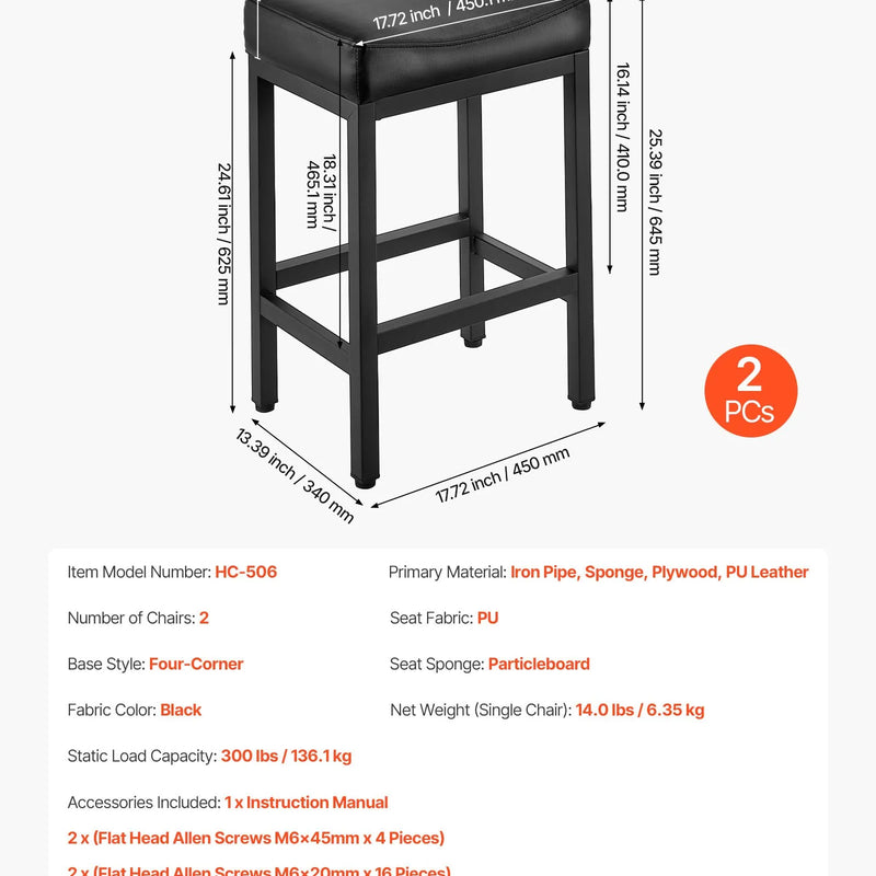 VEVOR 2 gab. bāra krēsli ar PU ādas apdari, 62 cm augsti, bez atzveltnes, ar seglveida sēdvietu un metāla kājām, viegli saliekami — piemēroti virtuvei, ēdamistabai un kafejnīcai, melni