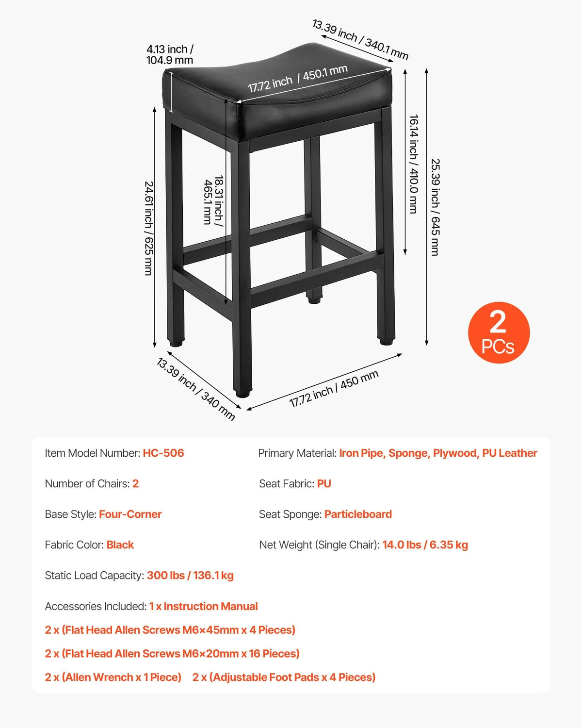 VEVOR 2 pcs Bar Stools with PU Leather Upholstery, 62 cm High, Backless, Wedge Seat and Metal Legs, Easy to Fold — Suitable for Kitchen, Dining Room and Café, Black