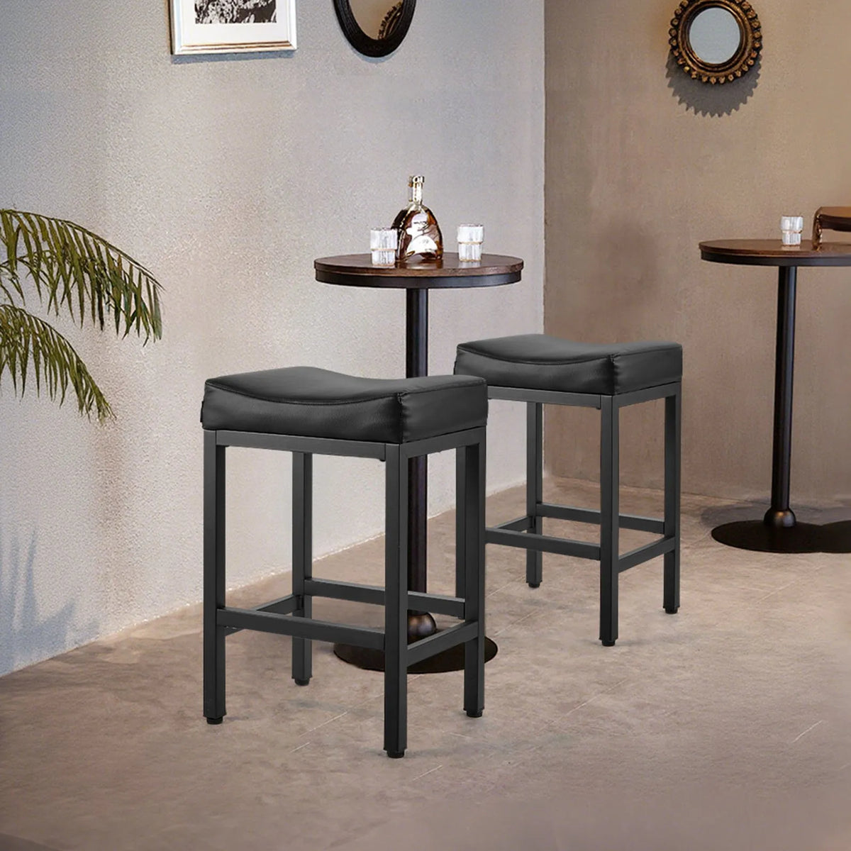 VEVOR 2 pcs Bar Stools with PU Leather Upholstery, 62 cm High, Backless, Wedge Seat and Metal Legs, Easy to Fold — Suitable for Kitchen, Dining Room and Café, Black