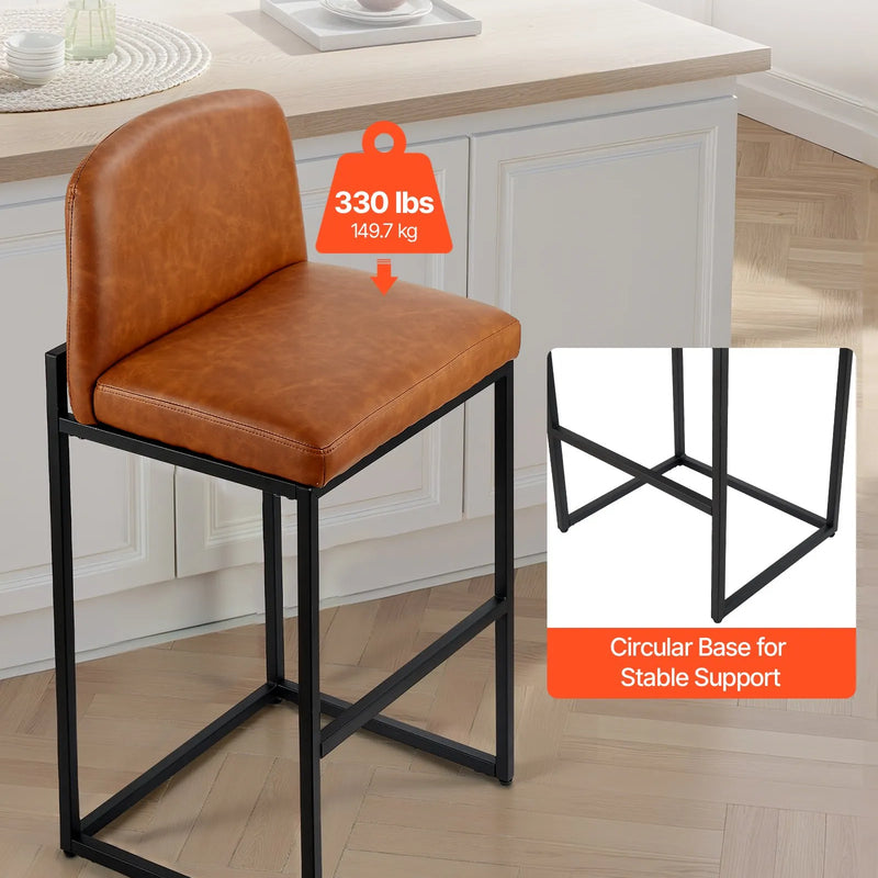 VEVOR bāra krēslu komplekts (4 gab.), 68 cm augsti krēsli ar PU ādas apdari, metāla kājām un atzveltni, bez roku balstiem, viegli saliekami, piemēroti virtuves salai, bāra letei vai ēdamistabai, brūni