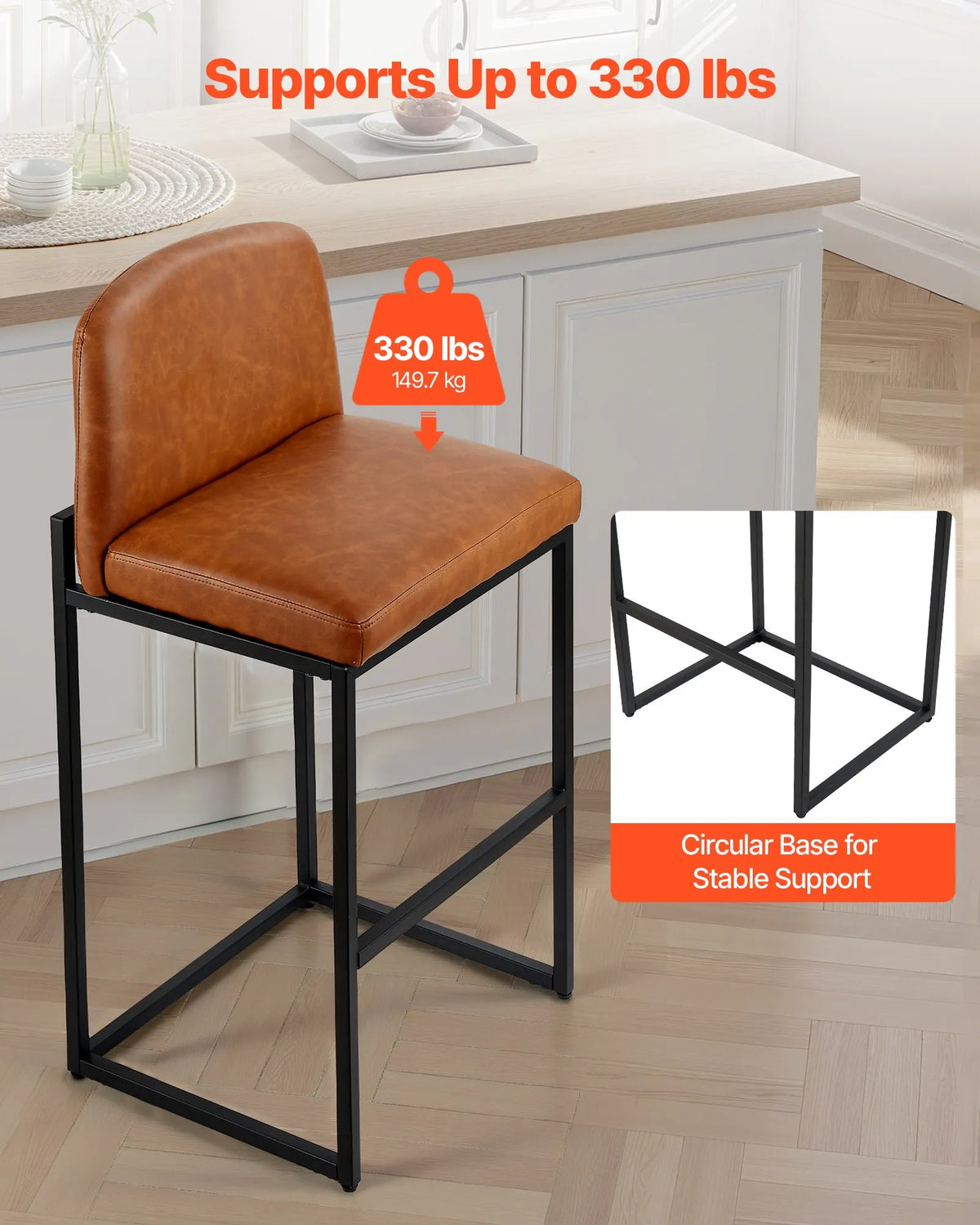 VEVOR Bar Stool Set (4 pcs), 68 cm High Chairs with PU Leather Upholstery, Metal Legs and Backrest, No Armrests, Easy to Fold, Suitable for Kitchen Counter, Bar or Dining Room, Brown