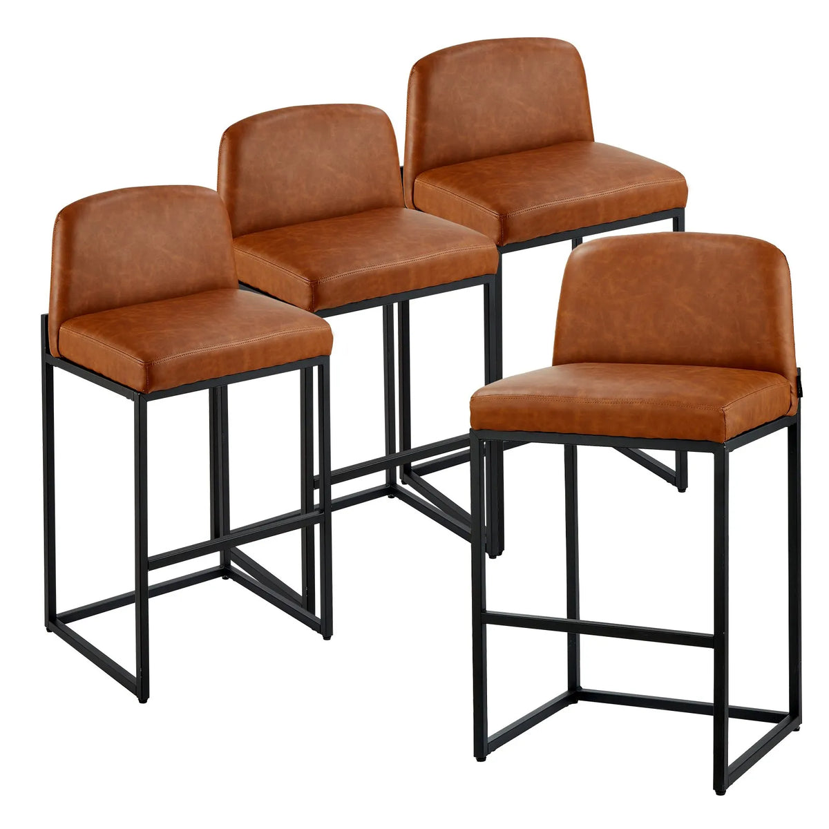 VEVOR Bar Stool Set (4 pcs), 68 cm High Chairs with PU Leather Upholstery, Metal Legs and Backrest, No Armrests, Easy to Fold, Suitable for Kitchen Counter, Bar or Dining Room, Brown