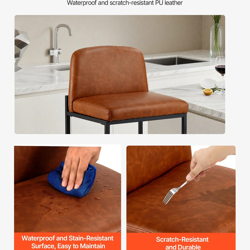 VEVOR bāra krēslu komplekts (4 gab.), 68 cm augsti krēsli ar PU ādas apdari, metāla kājām un atzveltni, bez roku balstiem, viegli saliekami, piemēroti virtuves salai, bāra letei vai ēdamistabai, brūni