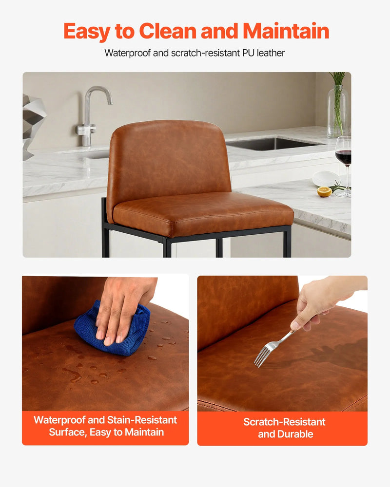 VEVOR bāra krēslu komplekts (4 gab.), 68 cm augsti krēsli ar PU ādas apdari, metāla kājām un atzveltni, bez roku balstiem, viegli saliekami, piemēroti virtuves salai, bāra letei vai ēdamistabai, brūni