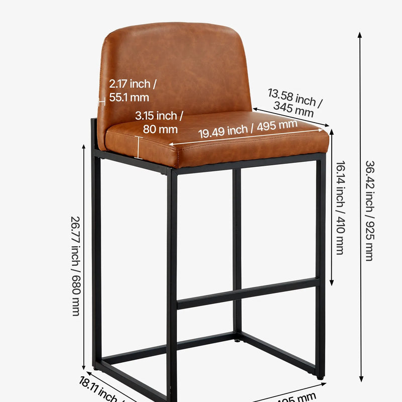 VEVOR bāra krēslu komplekts (4 gab.), 68 cm augsti krēsli ar PU ādas apdari, metāla kājām un atzveltni, bez roku balstiem, viegli saliekami, piemēroti virtuves salai, bāra letei vai ēdamistabai, brūni