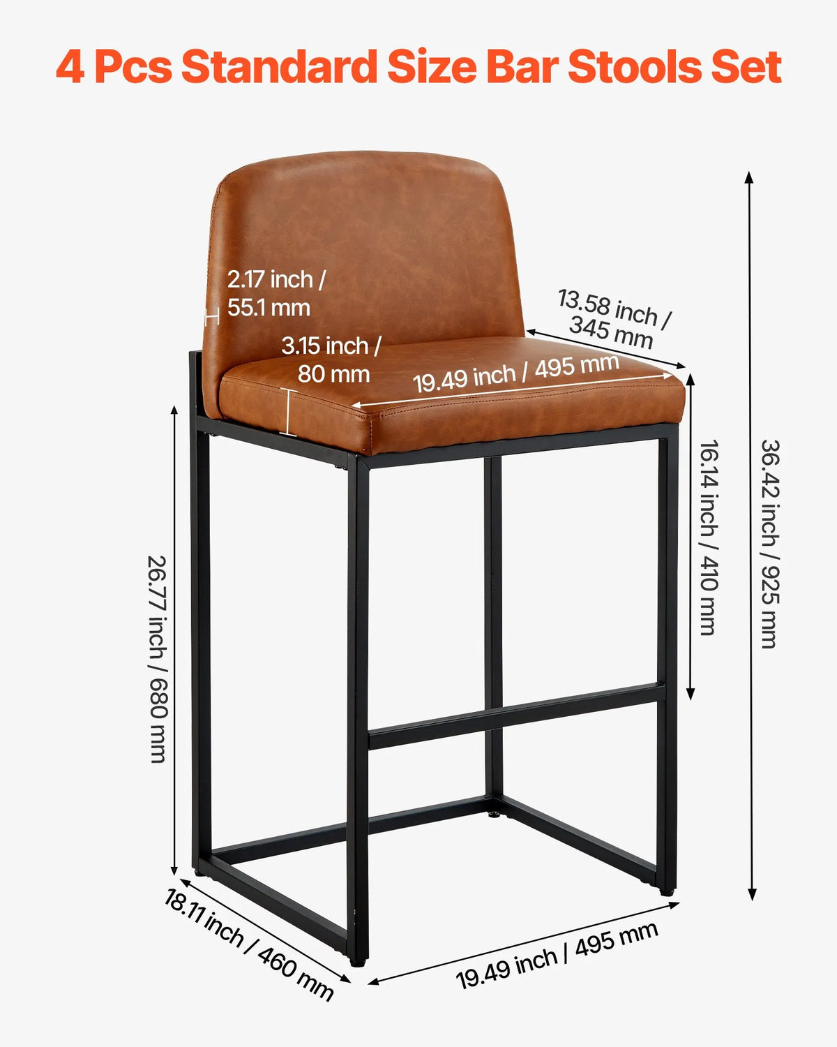 VEVOR Bar Stool Set (4 pcs), 68 cm High Chairs with PU Leather Upholstery, Metal Legs and Backrest, No Armrests, Easy to Fold, Suitable for Kitchen Counter, Bar or Dining Room, Brown