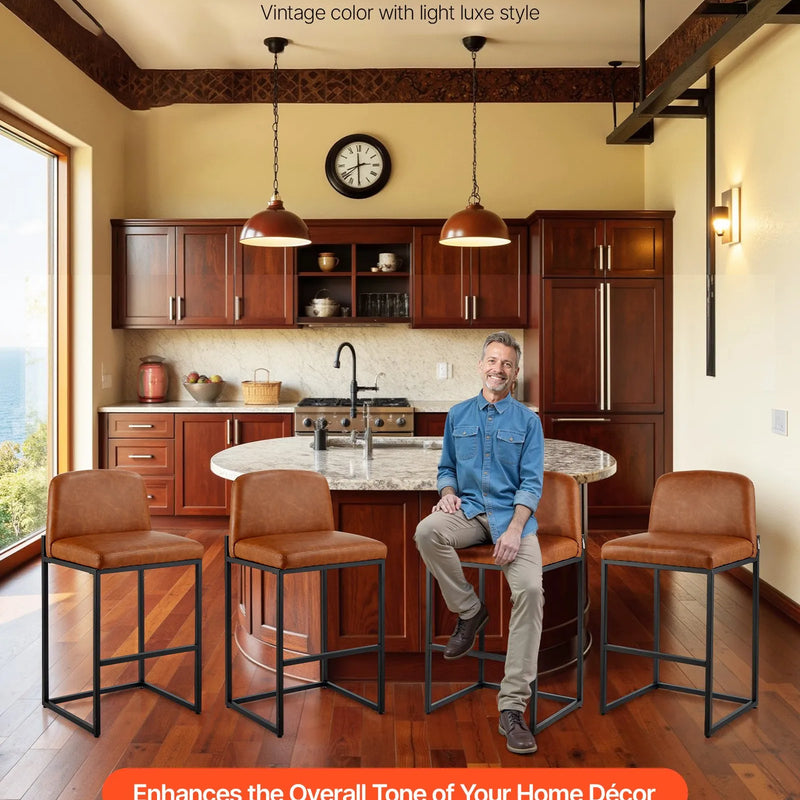 VEVOR bāra krēslu komplekts (4 gab.), 68 cm augsti krēsli ar PU ādas apdari, metāla kājām un atzveltni, bez roku balstiem, viegli saliekami, piemēroti virtuves salai, bāra letei vai ēdamistabai, brūni