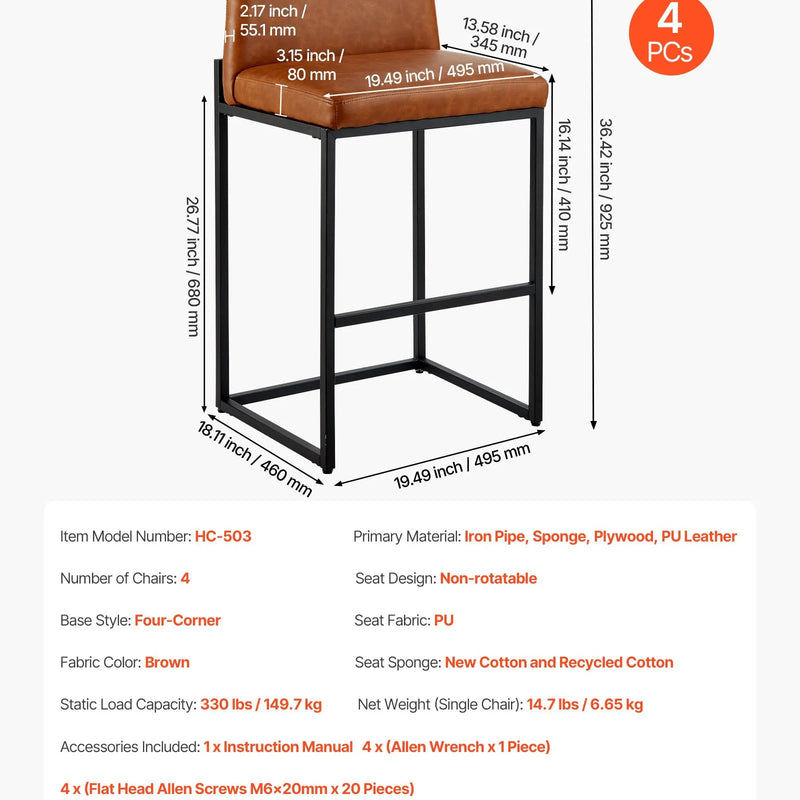 VEVOR bāra krēslu komplekts (4 gab.), 68 cm augsti krēsli ar PU ādas apdari, metāla kājām un atzveltni, bez roku balstiem, viegli saliekami, piemēroti virtuves salai, bāra letei vai ēdamistabai, brūni