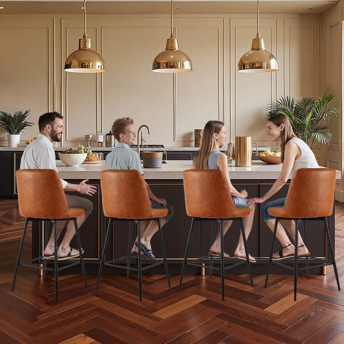 VEVOR Bar Stool Set (4 pcs), 68 cm High Chairs with PU Leather Upholstery, Metal Legs and Backrest, No Armrests, Easy to Fold, Suitable for Kitchen Counter, Bar or Dining Room, Brown
