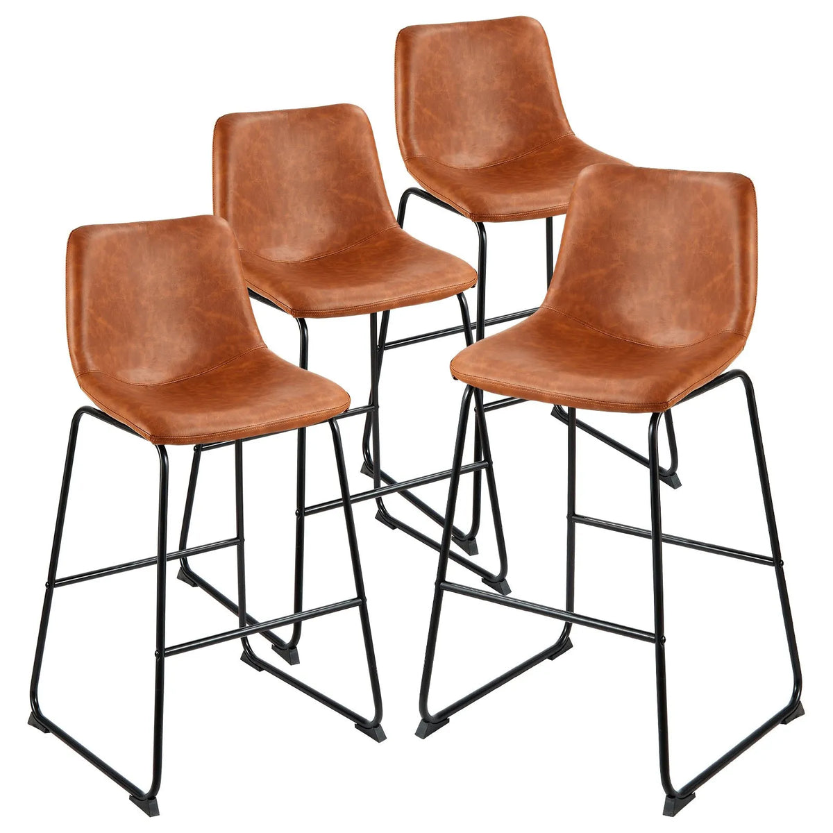 VEVOR 4-Piece Bar Stool Set, 65 cm High Chairs with PU Leather Upholstery, Backrest and Metal Legs, Easy to Fold, Brown — Suitable for Kitchen Islands and Dining Areas