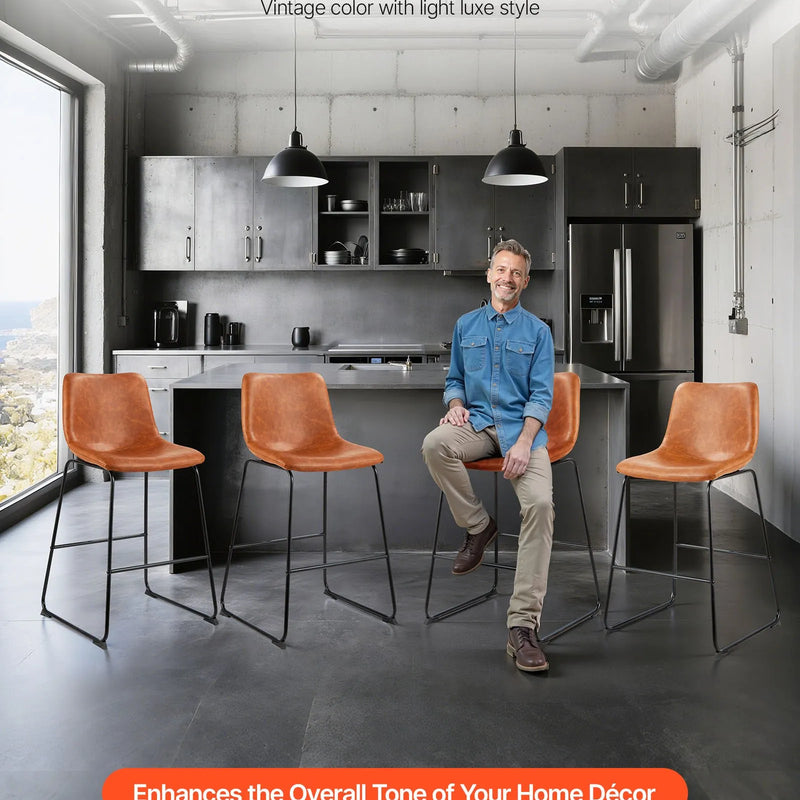 VEVOR 4 gab. bāra krēslu komplekts, 65 cm augsti krēsli ar PU ādas apdari, atzveltni un metāla kājām, viegli saliekami, brūni — piemēroti virtuves saliņām un ēdamzonām