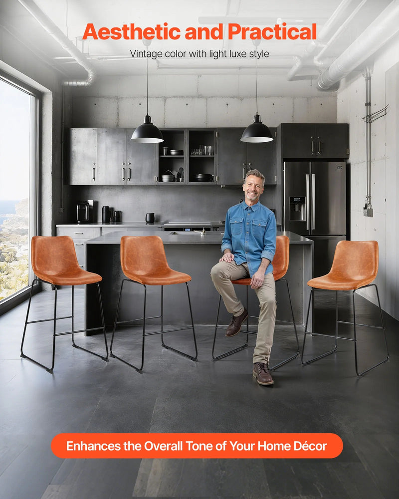 VEVOR 4 gab. bāra krēslu komplekts, 65 cm augsti krēsli ar PU ādas apdari, atzveltni un metāla kājām, viegli saliekami, brūni — piemēroti virtuves saliņām un ēdamzonām