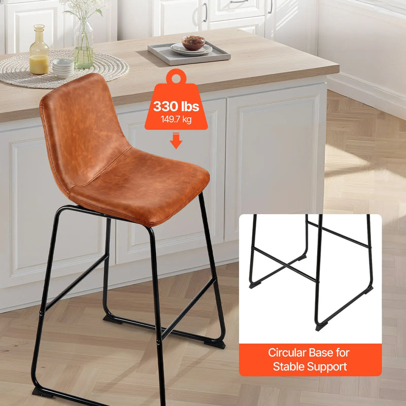 VEVOR 4 gab. bāra krēslu komplekts, 65 cm augsti krēsli ar PU ādas apdari, atzveltni un metāla kājām, viegli saliekami, brūni — piemēroti virtuves saliņām un ēdamzonām