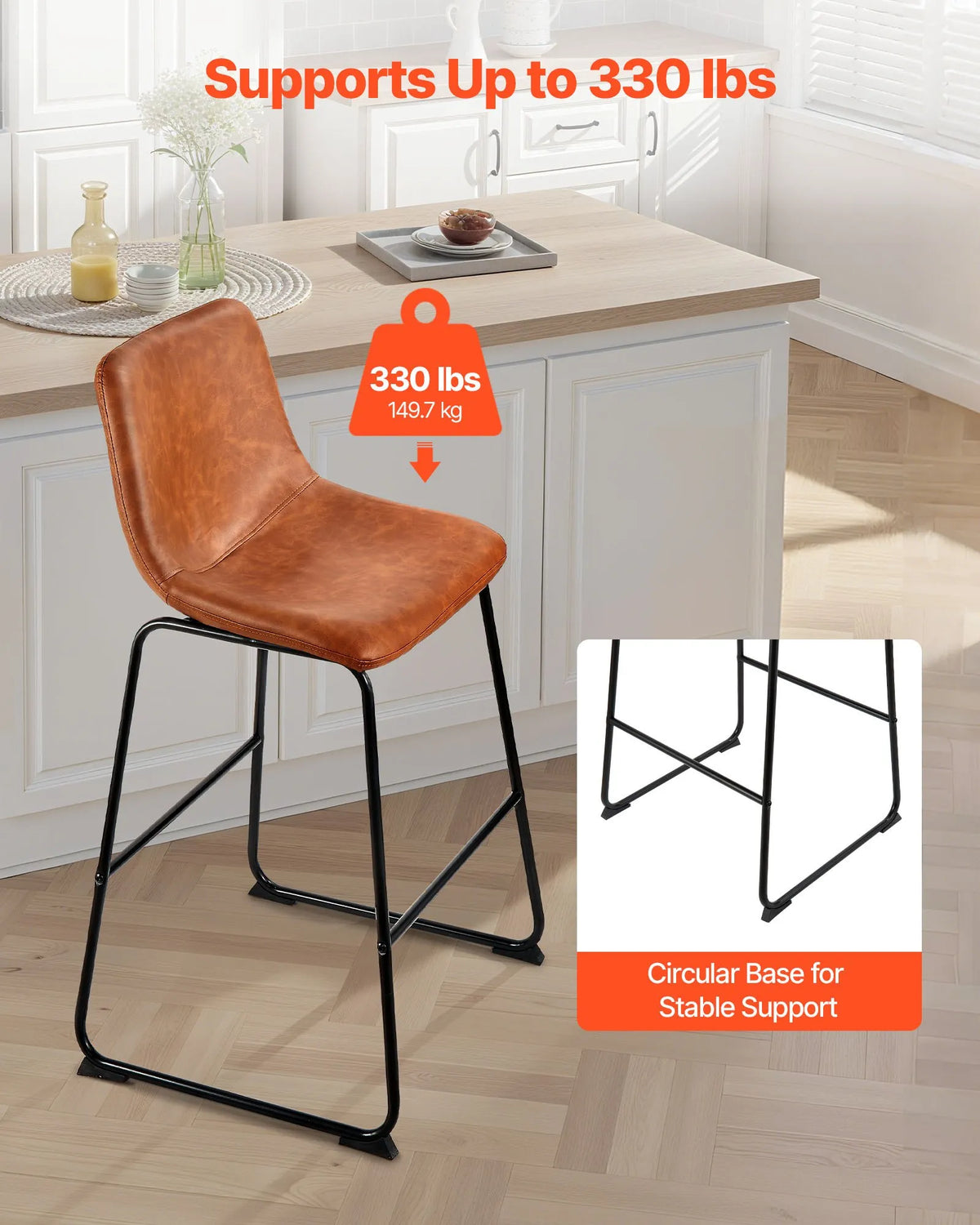 VEVOR 4-Piece Bar Stool Set, 65 cm High Chairs with PU Leather Upholstery, Backrest and Metal Legs, Easy to Fold, Brown — Suitable for Kitchen Islands and Dining Areas