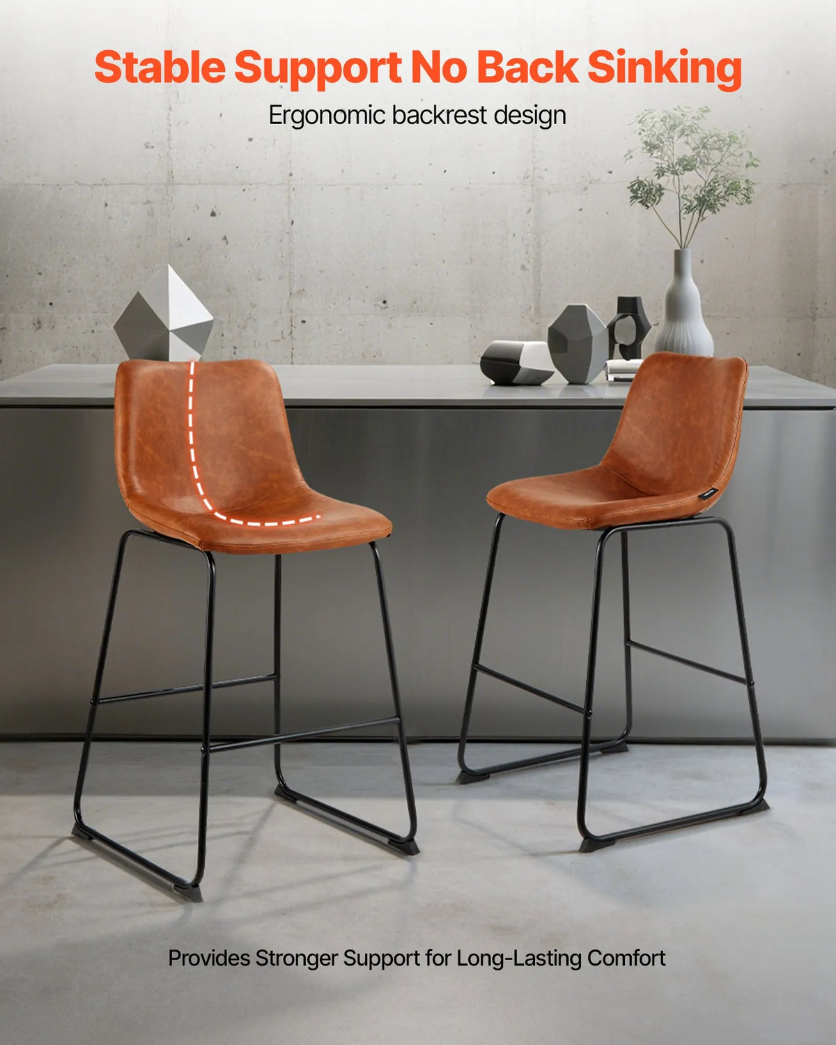 VEVOR 4-Piece Bar Stool Set, 65 cm High Chairs with PU Leather Upholstery, Backrest and Metal Legs, Easy to Fold, Brown — Suitable for Kitchen Islands and Dining Areas