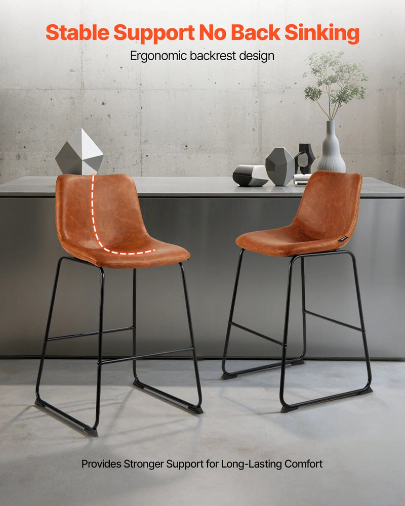 VEVOR 4 gab. bāra krēslu komplekts, 65 cm augsti krēsli ar PU ādas apdari, atzveltni un metāla kājām, viegli saliekami, brūni — piemēroti virtuves saliņām un ēdamzonām