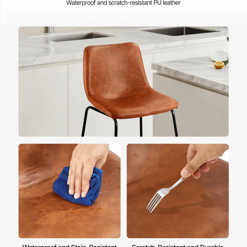 VEVOR 4 gab. bāra krēslu komplekts, 65 cm augsti krēsli ar PU ādas apdari, atzveltni un metāla kājām, viegli saliekami, brūni — piemēroti virtuves saliņām un ēdamzonām
