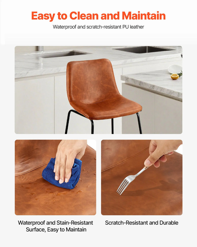 VEVOR 4 gab. bāra krēslu komplekts, 65 cm augsti krēsli ar PU ādas apdari, atzveltni un metāla kājām, viegli saliekami, brūni — piemēroti virtuves saliņām un ēdamzonām
