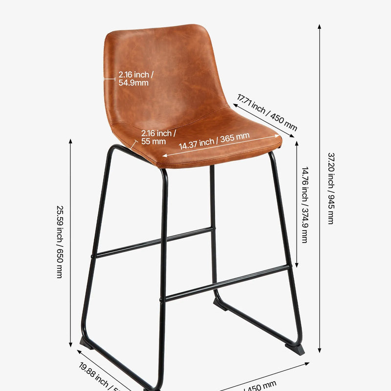 VEVOR 4 gab. bāra krēslu komplekts, 65 cm augsti krēsli ar PU ādas apdari, atzveltni un metāla kājām, viegli saliekami, brūni — piemēroti virtuves saliņām un ēdamzonām