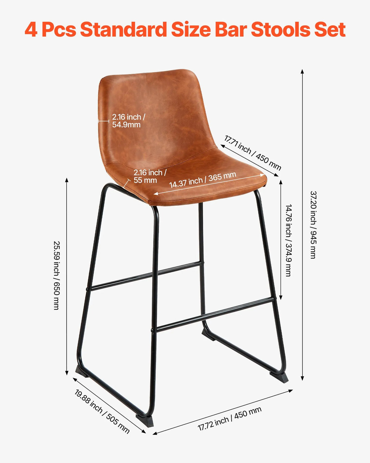 VEVOR 4-Piece Bar Stool Set, 65 cm High Chairs with PU Leather Upholstery, Backrest and Metal Legs, Easy to Fold, Brown — Suitable for Kitchen Islands and Dining Areas