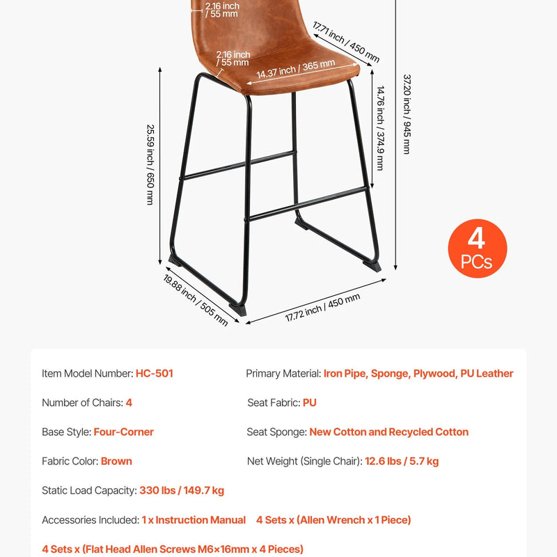 VEVOR 4 gab. bāra krēslu komplekts, 65 cm augsti krēsli ar PU ādas apdari, atzveltni un metāla kājām, viegli saliekami, brūni — piemēroti virtuves saliņām un ēdamzonām