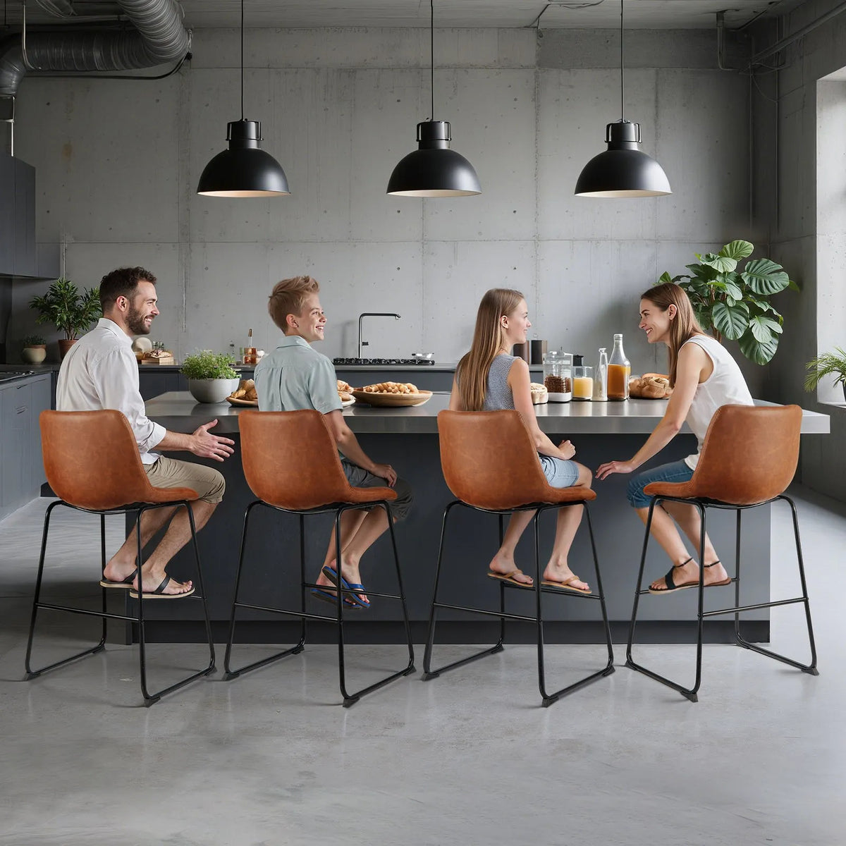 VEVOR 4-Piece Bar Stool Set, 65 cm High Chairs with PU Leather Upholstery, Backrest and Metal Legs, Easy to Fold, Brown — Suitable for Kitchen Islands and Dining Areas