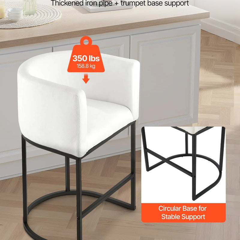 VEVOR bāra krēslu komplekts (3 gab.), 63 cm augsti bāra krēsli ar atzveltni un roku balstiem, metāla rāmi un kāju balstu, auduma apdari, piemēroti virtuves salai, bāra letei vai ēdamistabai, balti
