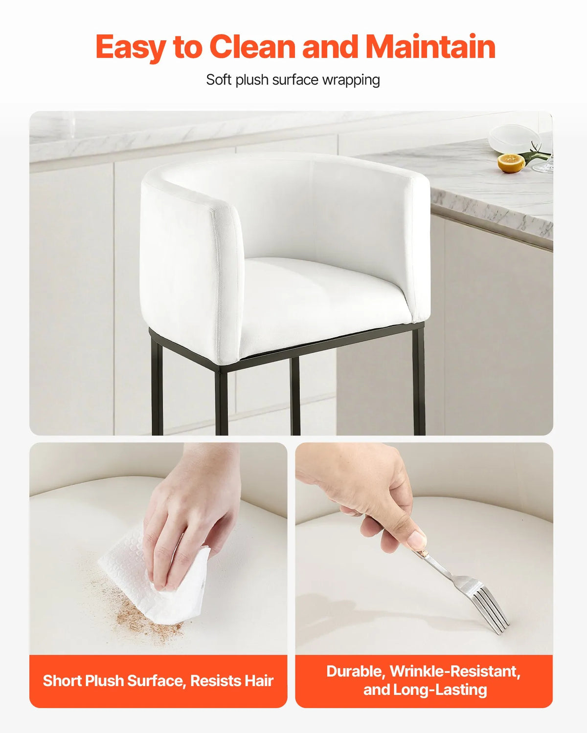 VEVOR Bar Stool Set (3 pcs), 63 cm High Bar Stools with Backrest and Armrests, Metal Frame and Footrest, Fabric Upholstery, Suitable for Kitchen Island, Bar Counter or Dining Room, White