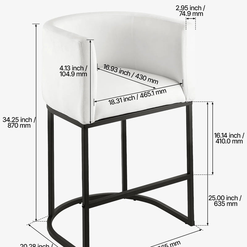 VEVOR bāra krēslu komplekts (3 gab.), 63 cm augsti bāra krēsli ar atzveltni un roku balstiem, metāla rāmi un kāju balstu, auduma apdari, piemēroti virtuves salai, bāra letei vai ēdamistabai, balti