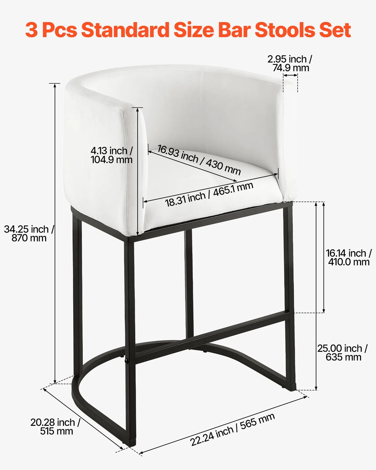 VEVOR Bar Stool Set (3 pcs), 63 cm High Bar Stools with Backrest and Armrests, Metal Frame and Footrest, Fabric Upholstery, Suitable for Kitchen Island, Bar Counter or Dining Room, White