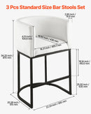VEVOR bāra krēslu komplekts (3 gab.), 63 cm augsti bāra krēsli ar atzveltni un roku balstiem, metāla rāmi un kāju balstu, auduma apdari, piemēroti virtuves salai, bāra letei vai ēdamistabai, balti