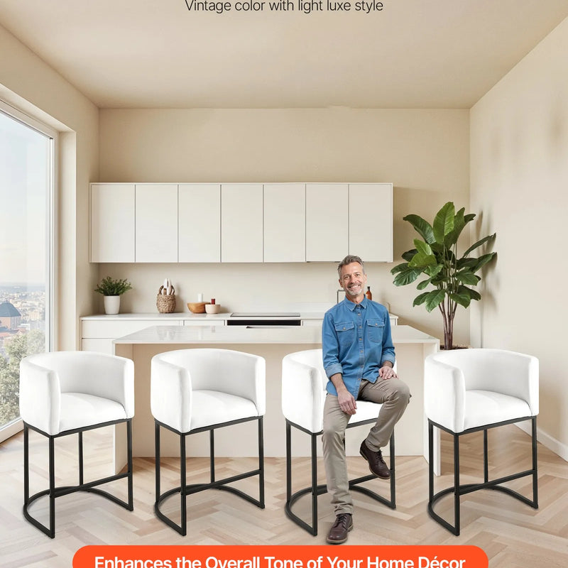 VEVOR bāra krēslu komplekts (3 gab.), 63 cm augsti bāra krēsli ar atzveltni un roku balstiem, metāla rāmi un kāju balstu, auduma apdari, piemēroti virtuves salai, bāra letei vai ēdamistabai, balti